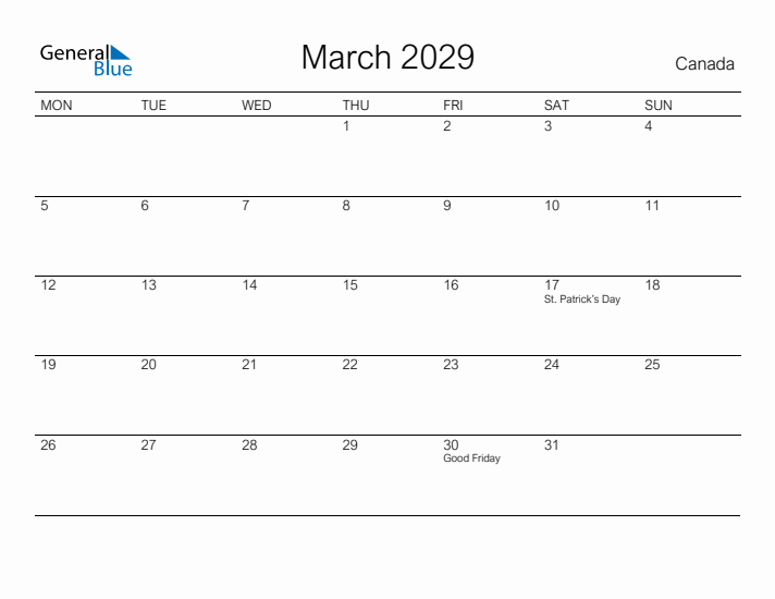 Printable March 2029 Calendar for Canada