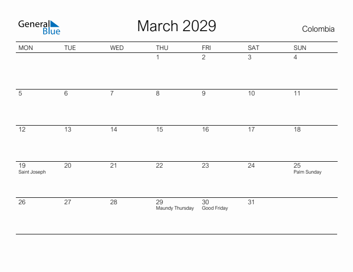 Printable March 2029 Calendar for Colombia