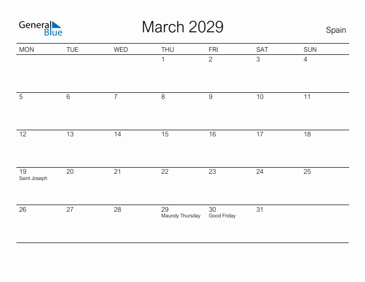 Printable March 2029 Calendar for Spain