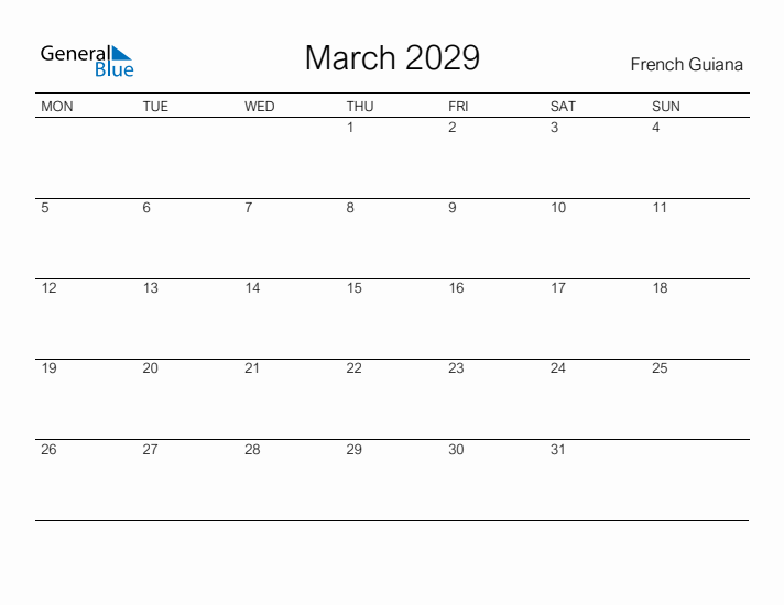 Printable March 2029 Calendar for French Guiana