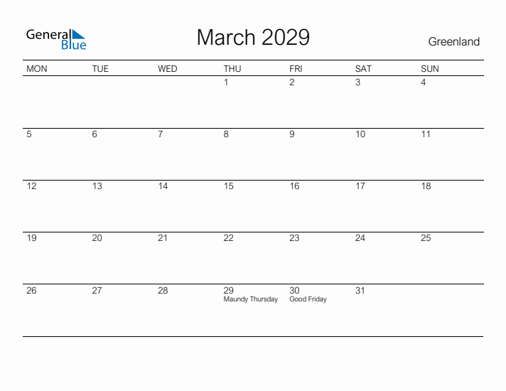 Printable March 2029 Calendar for Greenland