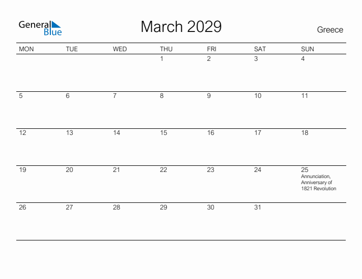 Printable March 2029 Calendar for Greece