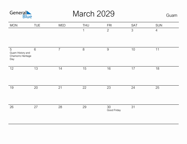 Printable March 2029 Calendar for Guam