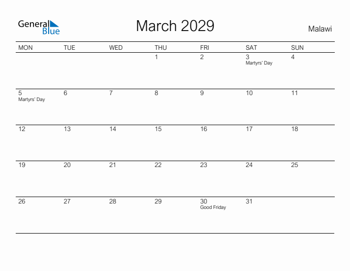 Printable March 2029 Calendar for Malawi