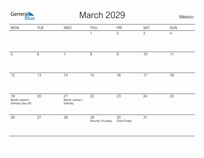 Printable March 2029 Calendar for Mexico