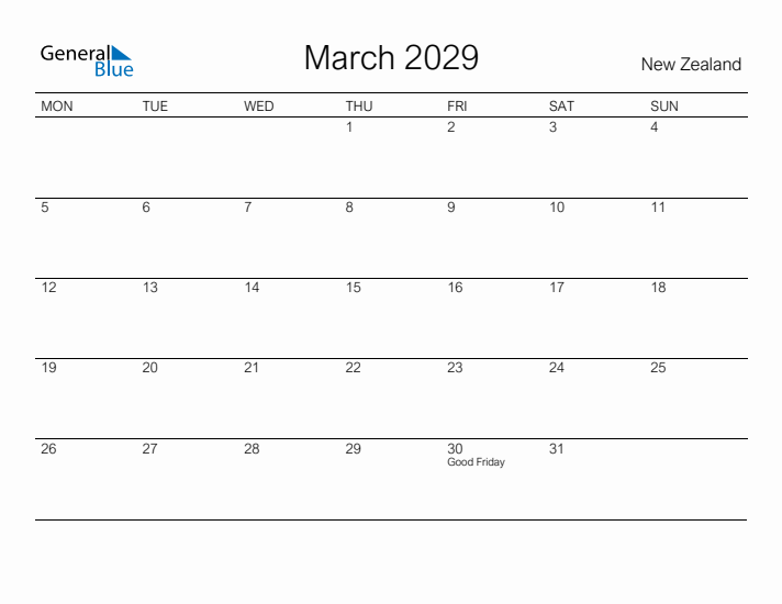 Printable March 2029 Calendar for New Zealand