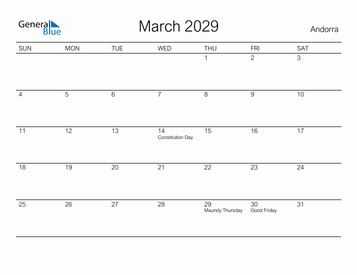 Printable March 2029 Calendar for Andorra