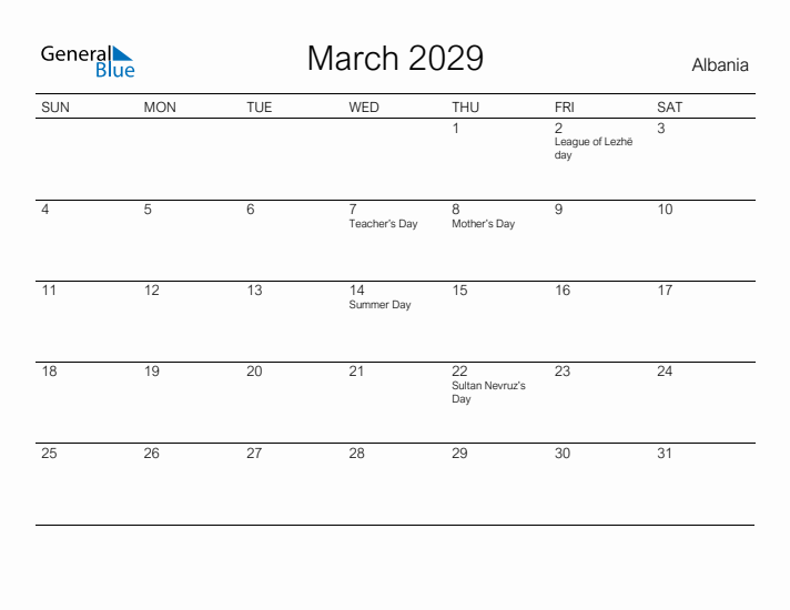 Printable March 2029 Calendar for Albania