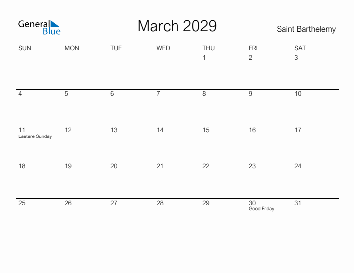 Printable March 2029 Calendar for Saint Barthelemy