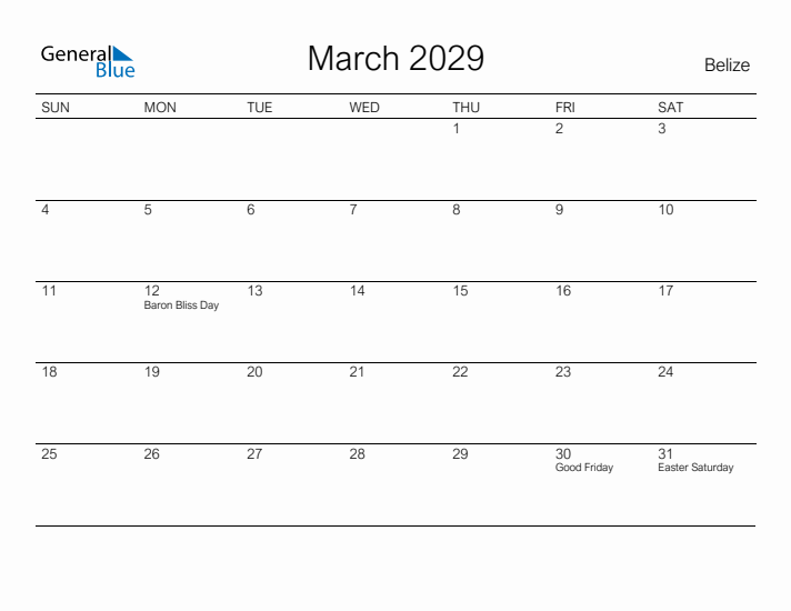 Printable March 2029 Calendar for Belize