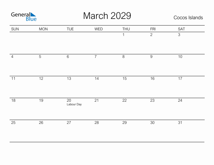 Printable March 2029 Calendar for Cocos Islands