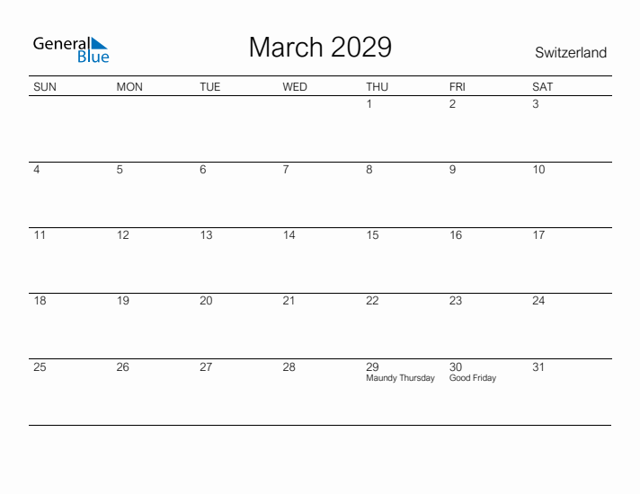 Printable March 2029 Calendar for Switzerland