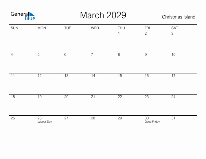 Printable March 2029 Calendar for Christmas Island