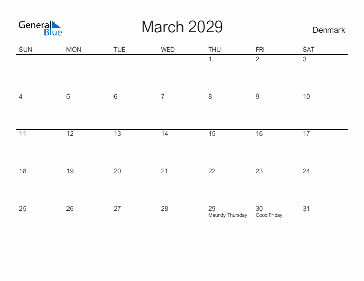 Printable March 2029 Calendar for Denmark