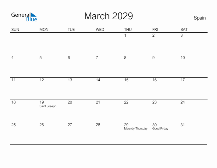 Printable March 2029 Calendar for Spain