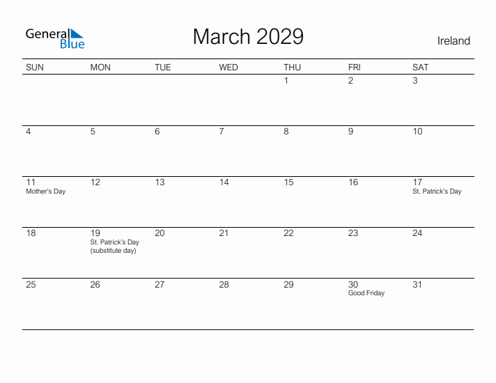 Printable March 2029 Calendar for Ireland