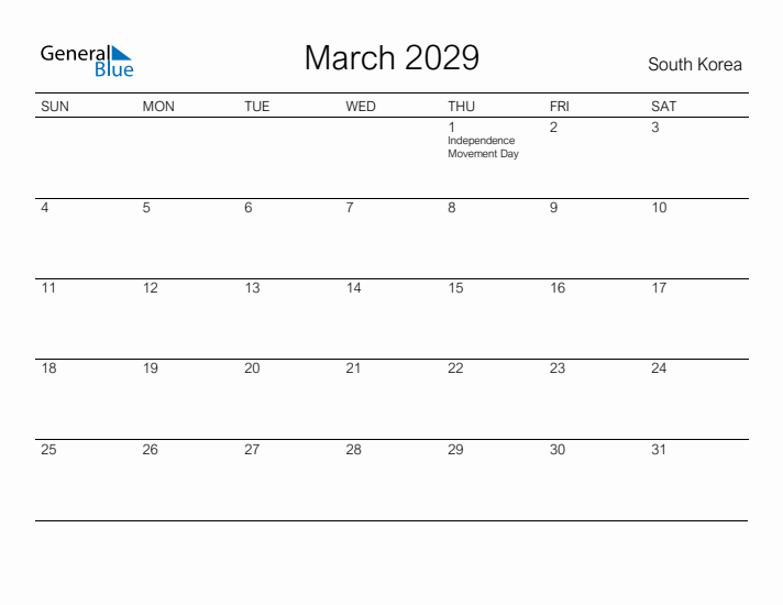 Printable March 2029 Calendar for South Korea