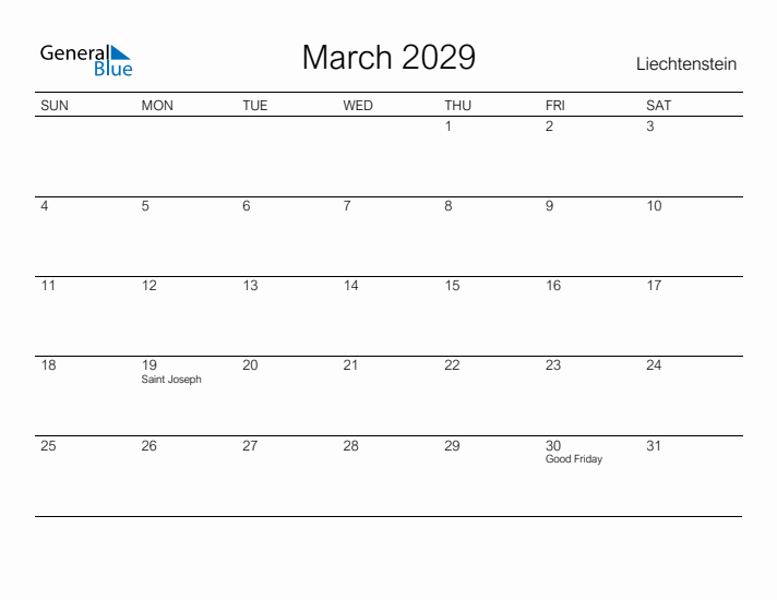 Printable March 2029 Calendar for Liechtenstein