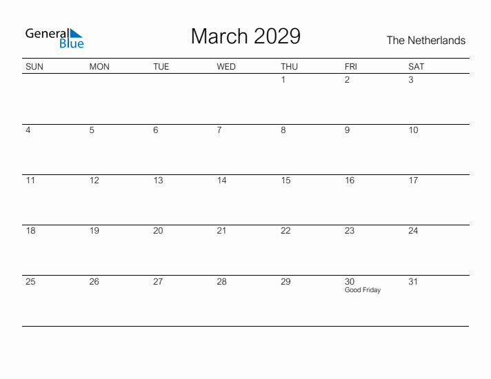 Printable March 2029 Calendar for The Netherlands