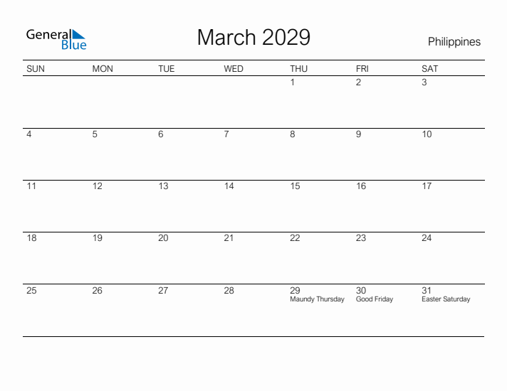 Printable March 2029 Calendar for Philippines