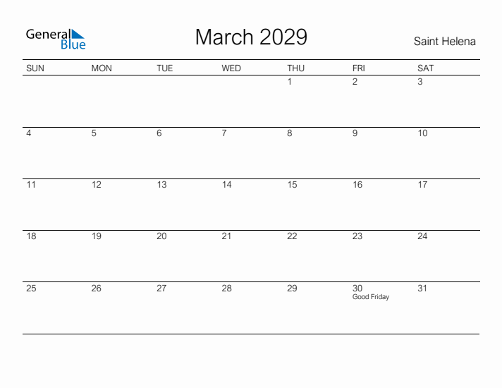 Printable March 2029 Calendar for Saint Helena