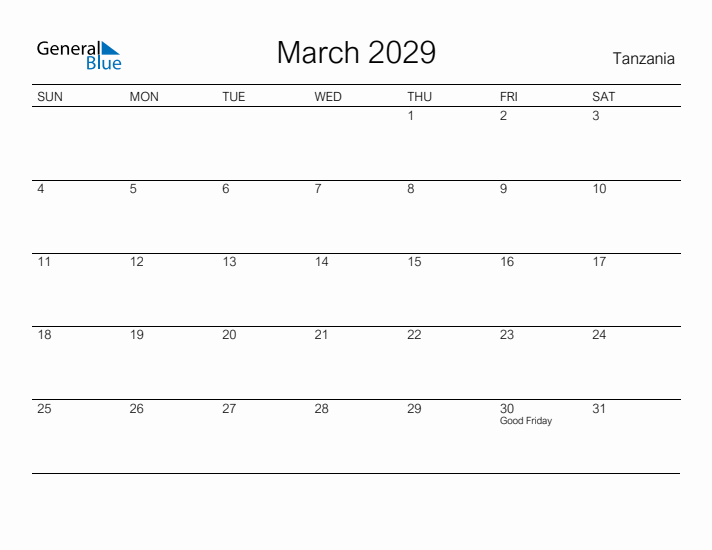 Printable March 2029 Calendar for Tanzania