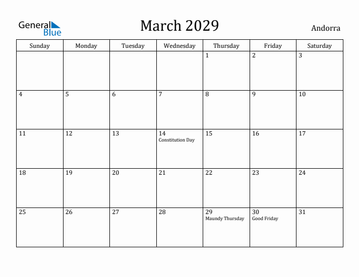 March 2029 Calendar Andorra