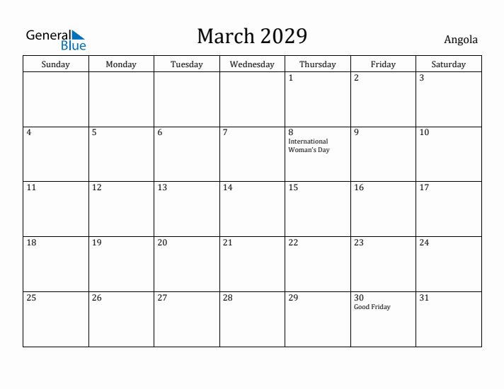 March 2029 Calendar Angola