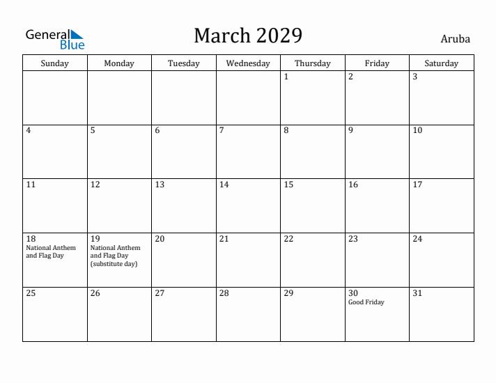 March 2029 Calendar Aruba