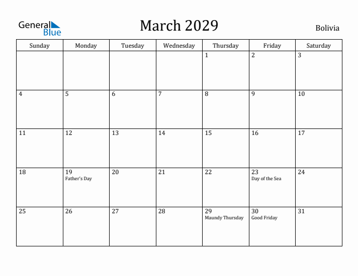 March 2029 Calendar Bolivia