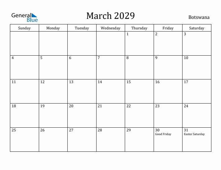 March 2029 Calendar Botswana