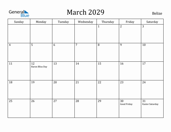 March 2029 Calendar Belize