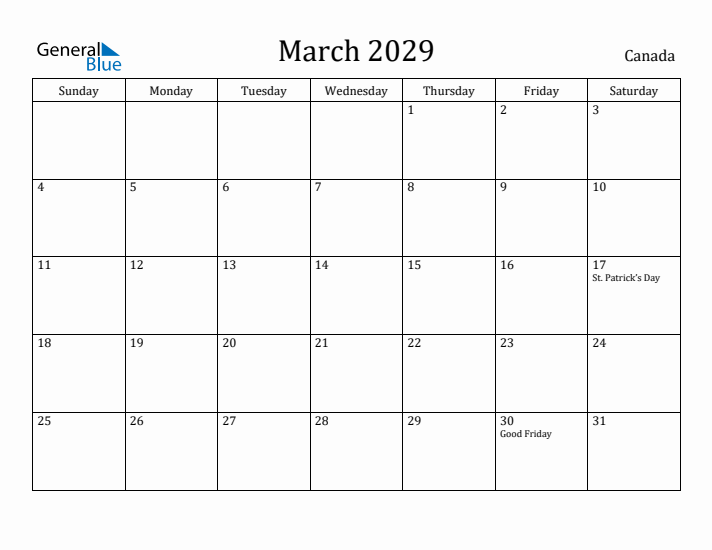 March 2029 Calendar Canada