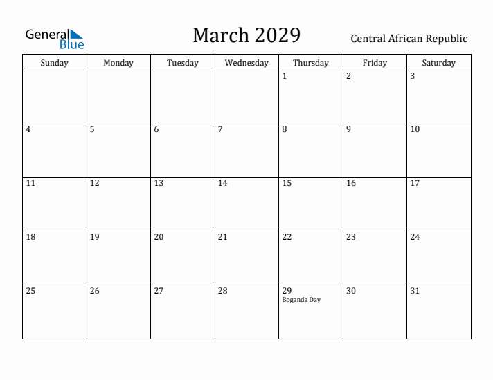 March 2029 Calendar Central African Republic