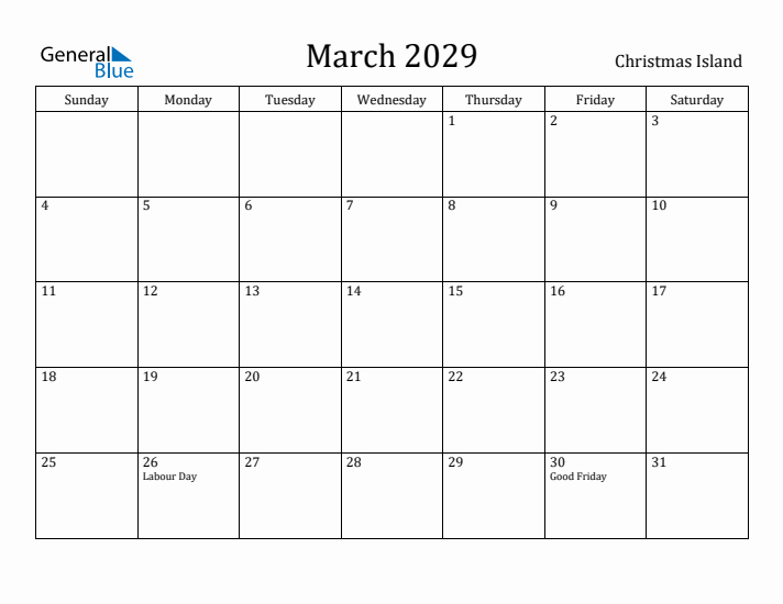 March 2029 Calendar Christmas Island