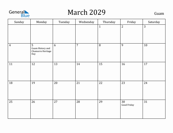 March 2029 Calendar Guam