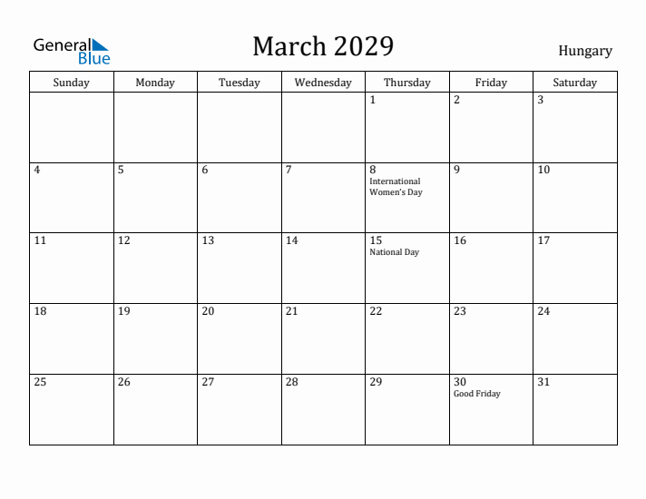 March 2029 Calendar Hungary