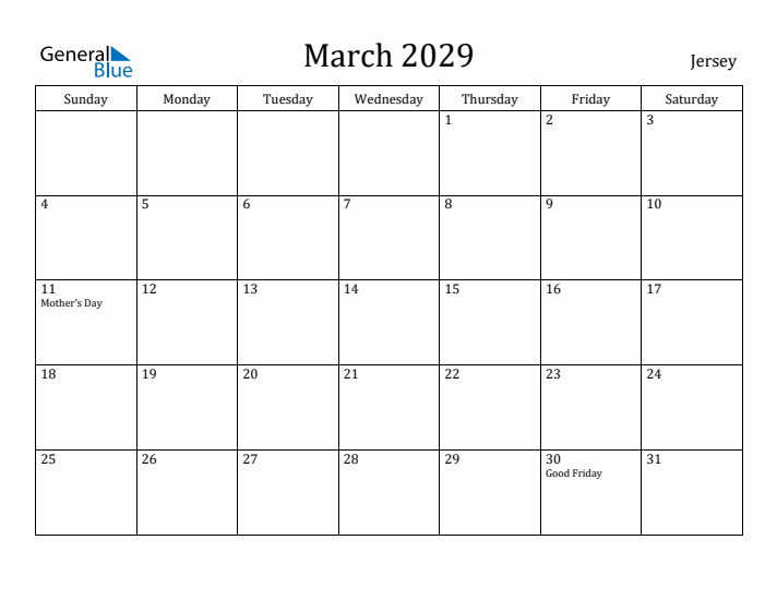 March 2029 Calendar Jersey