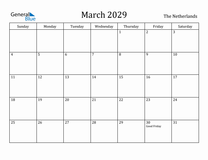 March 2029 Calendar The Netherlands