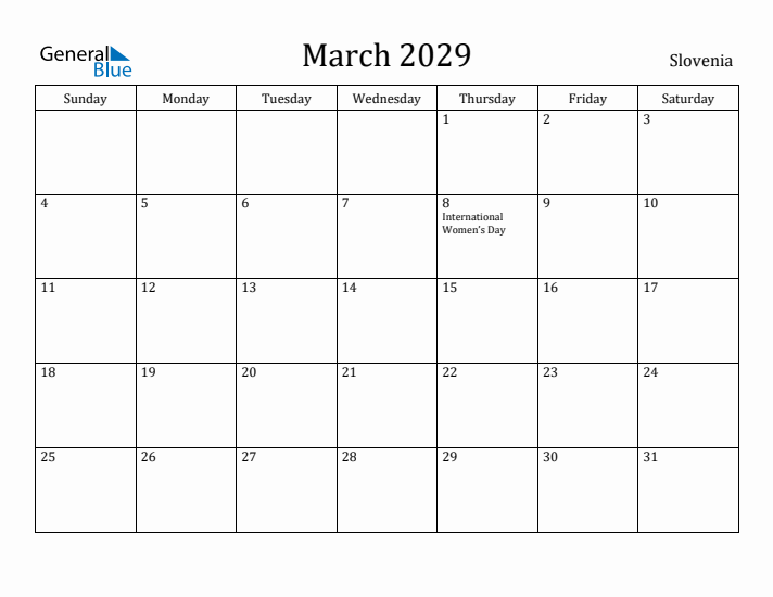 March 2029 Calendar Slovenia