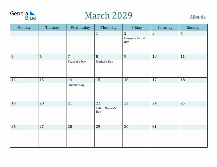 March 2029 Calendar with Holidays