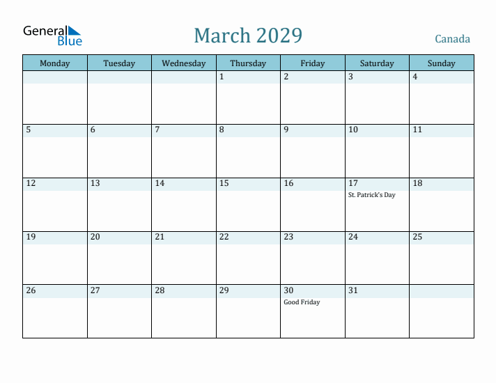 March 2029 Calendar with Holidays