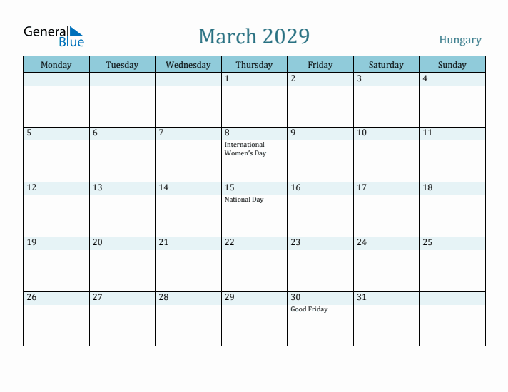 March 2029 Calendar with Holidays