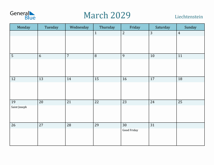 March 2029 Calendar with Holidays