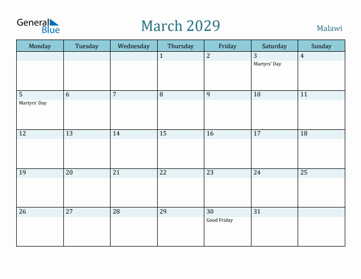 March 2029 Calendar with Holidays