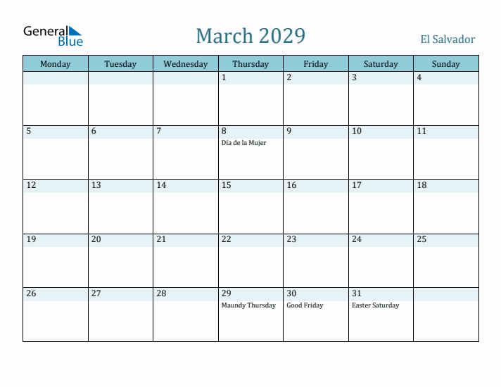 March 2029 Calendar with Holidays