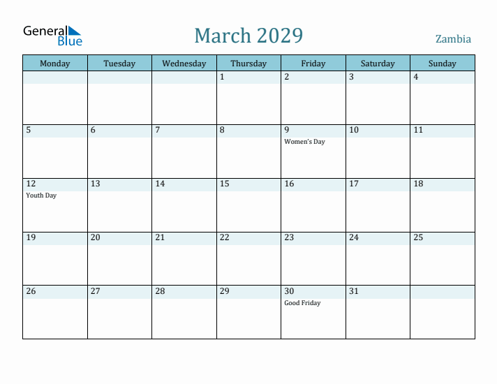 March 2029 Calendar with Holidays