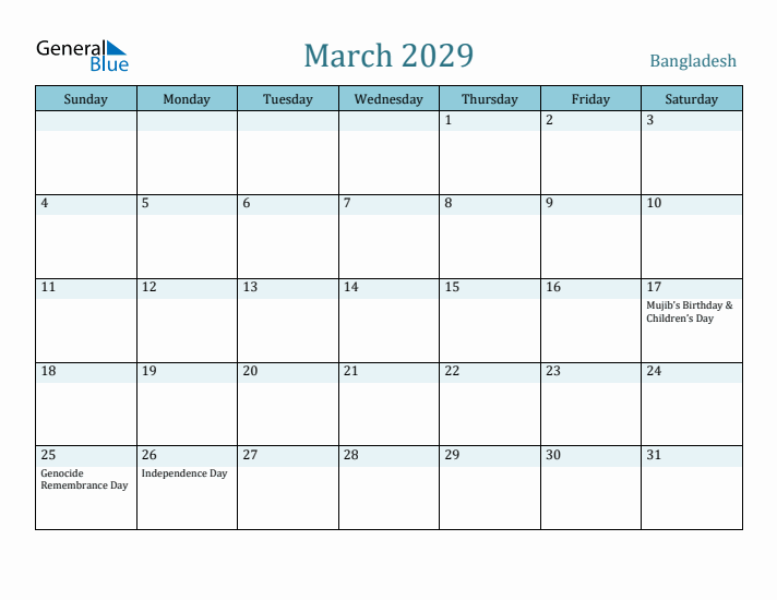 March 2029 Calendar with Holidays