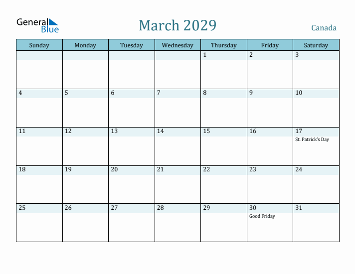 March 2029 Calendar with Holidays