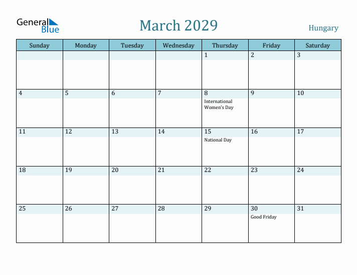 March 2029 Calendar with Holidays